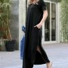 42POPS | Black Side-Slit V-Neck Short-Sleeve Maxi Dress - Women