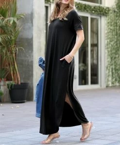 42POPS | Black Side-Slit V-Neck Short-Sleeve Maxi Dress - Women