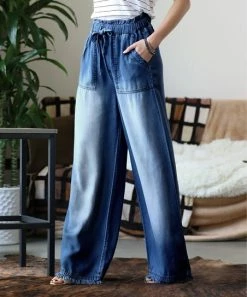 42POPS | Dark Blue Chambray Paper Bag-Waist Wide-Leg Pocket Pants - Women