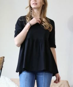 42POPS | Black Half-Sleeve Empire-Waist Shirred Tunic - Women