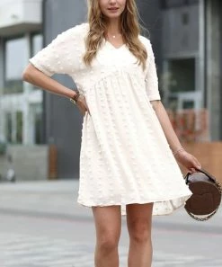 42POPS | Ivory Swiss Dot V-Neck Babydoll Dress - Women