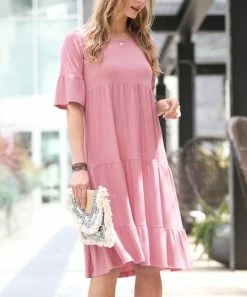 42POPS | Light Rose Round-Neck Half-Sleeve Tiered Shift Dress - Women