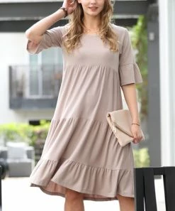 42POPS | Ash Mocha Round-Neck Half-Sleeve Tiered Shift Dress - Women