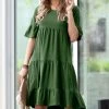 42POPS | Army Green Round-Neck Half-Sleeve Tiered Shift Dress - Women