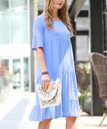 42POPS | Spring Blue Round-Neck Half-Sleeve Tiered Shift Dress - Women