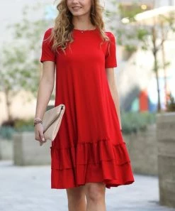 42POPS | Ruby Short-Sleeve Ruffle-Hem Pocket Shift Dress - Women