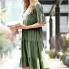 42POPS | Light Olive Round-Neck Half-Sleeve Tiered Shift Dress - Women
