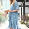 42POPS | Blue Gray Round-Neck Half-Sleeve Tiered Shift Dress - Women