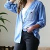 42POPS | Medium Blue Chambray Roll-Tab Long-Sleeve Hi-Low Button-Up - Women