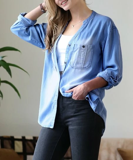 42POPS | Medium Blue Chambray Roll-Tab Long-Sleeve Hi-Low Button-Up - Women
