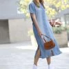 42POPS | Medium Blue Chambray Short-Sleeve Side-Slit Pocket Shirt Dress - Women