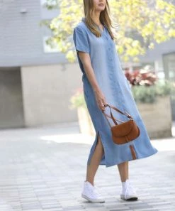 42POPS | Medium Blue Chambray Short-Sleeve Side-Slit Pocket Shirt Dress - Women