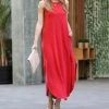 42POPS | Ruby Crewneck Sleeveless Slit Curved-Hem Pocket Maxi Dress - Women