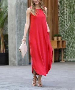 42POPS | Ruby Crewneck Sleeveless Slit Curved-Hem Pocket Maxi Dress - Women