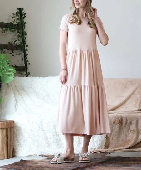 42POPS | Dusty Blush Crewneck Short-Sleeve Tiered Midi Dress - Women