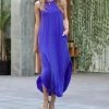 42POPS | Bright Blue Crewneck Sleeveless Slit Curved-Hem Pocket Maxi Dress - Women