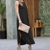 42POPS | Black Crewneck Sleeveless Slit Curved-Hem Pocket Maxi Dress - Women