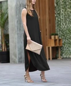 42POPS | Black Crewneck Sleeveless Slit Curved-Hem Pocket Maxi Dress - Women