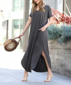 42POPS | Ash Gray V-Neck Short-Sleeve Slit Curved-Hem Pocket Maxi Dress - Women