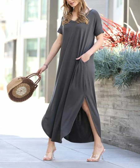 42POPS | Ash Gray V-Neck Short-Sleeve Slit Curved-Hem Pocket Maxi Dress - Women