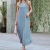 42POPS | Blue Gray Side-Slit Sleeveless Curved-Hem Pocket Maxi Dress - Women