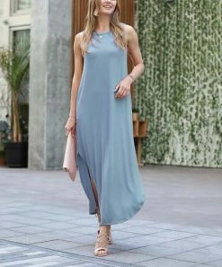 42POPS | Blue Gray Side-Slit Sleeveless Curved-Hem Pocket Maxi Dress - Women