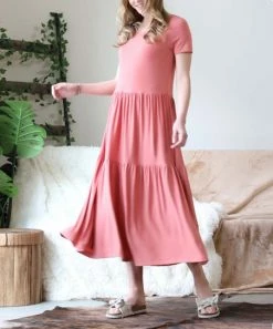 42POPS | Ash Rose Crewneck Short-Sleeve Tiered Midi Dress - Women
