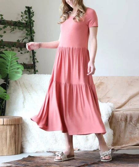 42POPS | Ash Rose Crewneck Short-Sleeve Tiered Midi Dress - Women