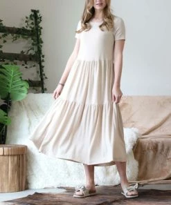 42POPS | Heather Beige Crewneck Short-Sleeve Tiered Midi Dress - Women