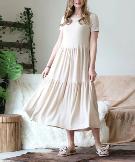 42POPS | Heather Beige Crewneck Short-Sleeve Tiered Midi Dress - Women