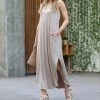 42POPS | Ash Mocha Crewneck Sleeveless Slit Curved-Hem Pocket Maxi Dress - Women