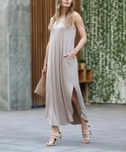 42POPS | Ash Mocha Crewneck Sleeveless Slit Curved-Hem Pocket Maxi Dress - Women