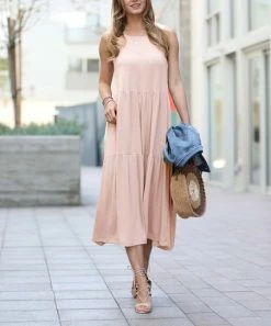 42POPS | Dusty Blush Round-Neck Sleeveless Tiered Midi Dress - Women