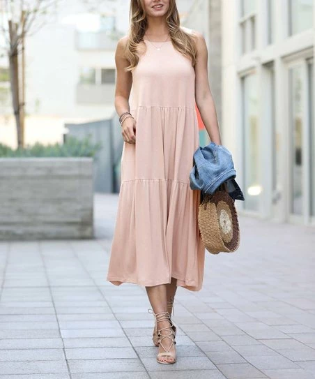 42POPS | Dusty Blush Round-Neck Sleeveless Tiered Midi Dress - Women