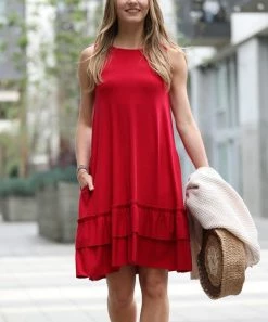 42POPS | Burgundy Sleeveless Ruffle-Hem Pocket Shift Dress - Women