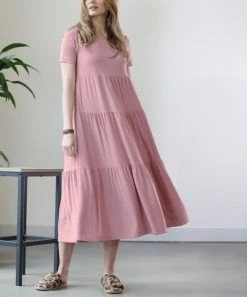 42POPS | Light Rose Scoop-Neck Short-Sleeve Tiered Midi Dress - Women