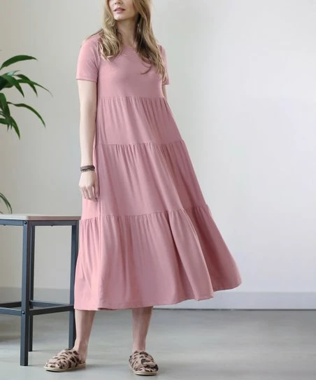 42POPS | Light Rose Scoop-Neck Short-Sleeve Tiered Midi Dress - Women