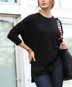 42POPS | Black Thermal Waffle-Knit Crewneck Hi-Low Sweater - Women