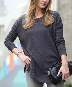 42POPS | Ash Gray Thermal Waffle-Knit Round Neck Sweater - Women