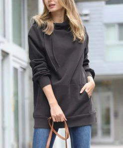 42POPS | Ash Gray Side-Drawstring Pocket Longline Hoodie - Women