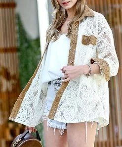 42POPS | Cream & Camel Lace Sheer Pocket Button-Up - Women