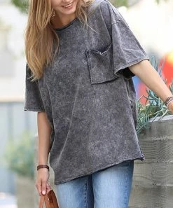 42POPS | Ash Black Acid-Wash Oversize Pocket Crewneck Tee - Women