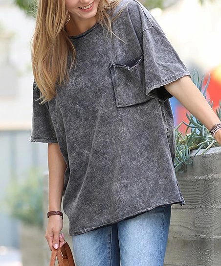 42POPS | Ash Black Acid-Wash Oversize Pocket Crewneck Tee - Women