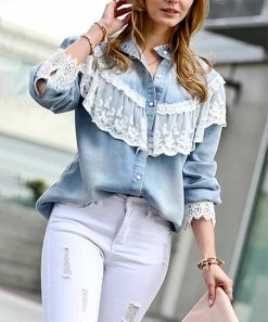 42POPS | Light Denim Blue Lace-Trim Shacket - Women