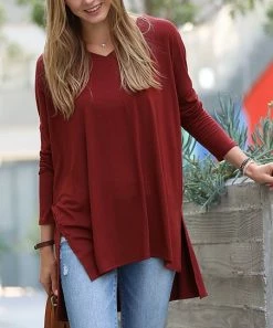 42POPS | Fired Brick V-Neck Dolman Side-Slit Hi-Low Top - Women