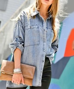 42POPS | Light Denim Blue Pleated Padded-Shoulder Roll-Tab Pocket Button-Up - Women