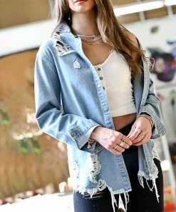 42POPS | Light Denim Blue Distressed Pocket Button-Up - Women