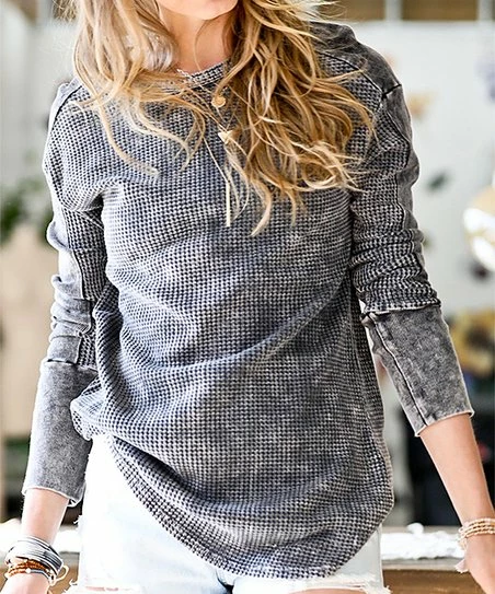 42POPS | Gray Wash Waffle-Knit Crewneck Long-Sleeve Top - Women