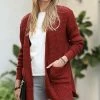 42POPS | Dark Rust Waffle-Knit Side-Slit Pocket Open Cardigan - Women
