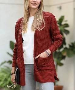 42POPS | Dark Rust Waffle-Knit Side-Slit Pocket Open Cardigan - Women